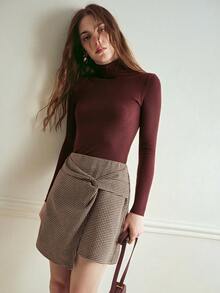 Écloséra Chân váy chữ A thắt eo xoắn bằng vải tweed thanh lịch, thích hợp cho công sở mùa thu/đông. - Màu Khaki - Xem 2