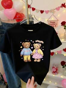 Camiseta de algodón para mujer con estampado de osos de peluche pareja y texto Be Mine para San Valentín - Negro - Ver 10