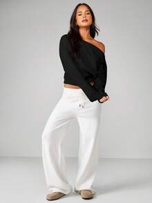 MISSGUIDED Off Shoulder Knit Sweater With Ribbed Hem And Cuffs Long Sleeve Pullover Crop Top For Fall Winter - Black - View 3