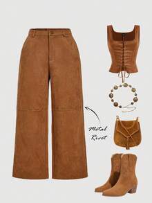 SHEIN MOD 大码棕色约会之夜纯色PU皮直筒裤，棕色系沙漠风情，70年代复古美学 - 棕色 - 查看 8