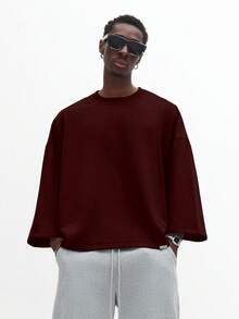 Áo nỉ tay dài dáng rộng vai rớt cổ tròn SUMWON, kiểu dáng thường ngày, phong cách đường phố, trơn - Màu Đỏ Sâu - Xem 4