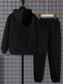 SHEIN Cozy Fall & Winter Styles 2pcs/Set Tween Boys Casual Fashion Creative Personalized Refreshing High-End Minimalist Numeric 67 Nebula Crack Pattern Print Hoodie And Sweatpants Comfortable Daily Outfit - Black - View 2