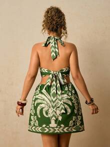 Travachic Plus Size Women Green Coconut Tree Print Dress, Criss-Cross Halter Neck Backless Dress, Hollow Out Waist Short Dress Tropical Dress Palm Tree Dress - Green - View 2
