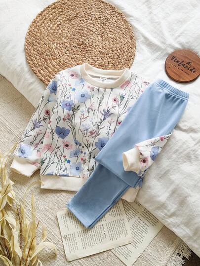 SHEIN Vintaside Kids Bộ áo nỉ dài tay và quần legging gân màu vàng ombre họa tiết hoa dành cho bé gái, trang phục thời trang và dễ thương cho mùa xuân/thu.
