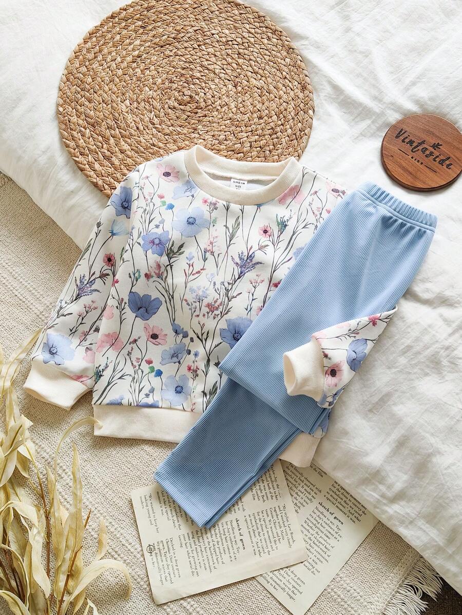 Vintaside Kids Bộ áo nỉ dài tay và quần legging gân màu vàng ombre họa tiết hoa dành cho bé gái, trang phục thời trang và dễ thương cho mùa xuân/thu. - Màu xanh lam - Xem 1
