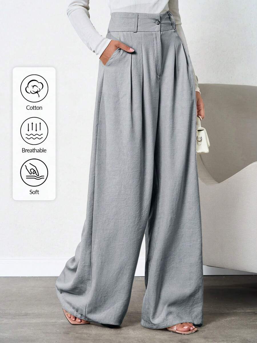 SHEIN Tall 女款純色深褶皺亞麻長褲,適合高個女性 - 灰色 - 查看 1