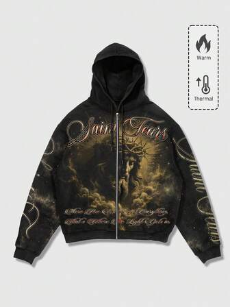 Street Life Herren Street Slogan Muster Reißverschluss Vorne Kordelzug Kapuzen Sweatshirt