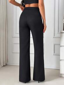 Women's High Waist Metal Button Design Elegant Straight Leg Pants - Black - View 3