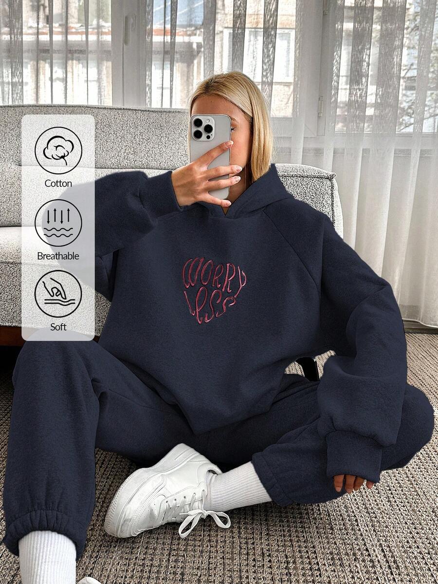 EURMUSE Women's Letter Graphic Raglan Sleeve Hoodie And Sweatpants Casual Loose 2 Pieces Set, Autumn/Winter - Navy Blue - View 1