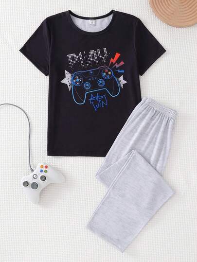 Boys' Casual Video Game Graphic Short Sleeve Top And Pants Pajama Set