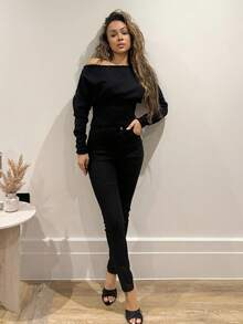 Solid Slant Pocket Skinny Black Jeans - Black - View 5