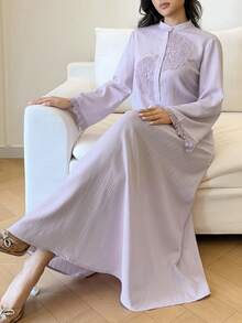 Yasmyna 女士纯色简约长袖阿拉伯风格连衣裙，日常穿着 - 淺灰紫 - 查看 4