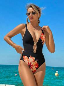 Swim Lushoire Women's Summer Vacation Casual Beach Wear Black Tropical Floral Print One-Piece Bikini Set Elegant Bikini Set Set - Multicolor - View 6