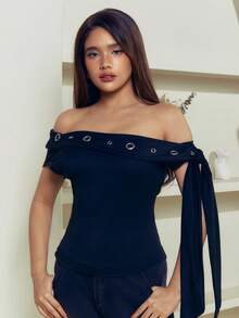 Criza Taa 黑色鸡眼装饰不对称无袖纯色针织 T 恤 - 黑色 - 查看 2