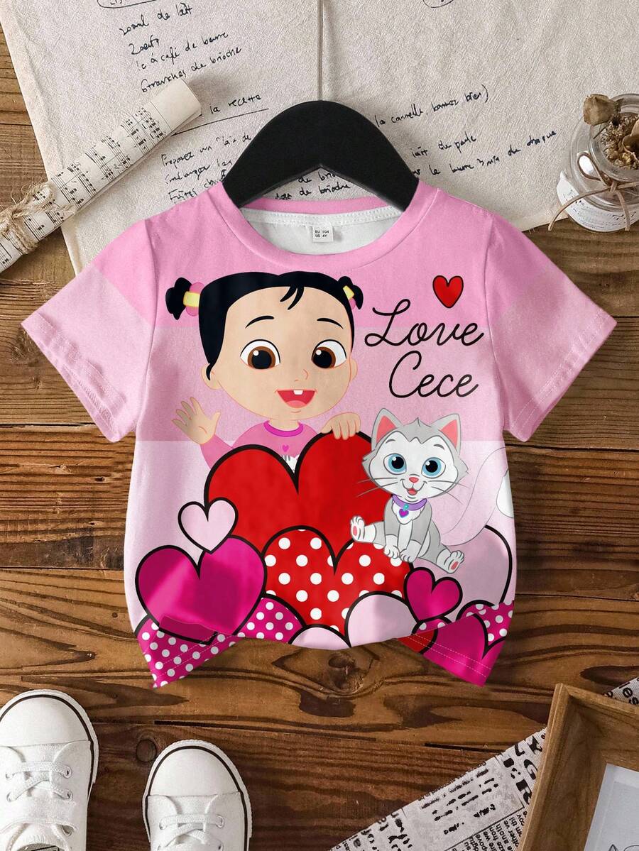 CoComelon X SHEIN Young Girl Casual Everyday Commute Cartoon Heart Print Short Sleeve T-Shirt, Summer - White - View 1