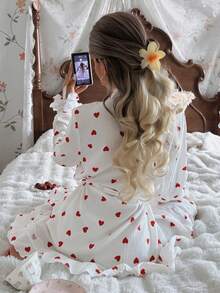 SHEIN Women's Heart Print Ruffle Lace Trim Robe Summer Robe Womens Robe Cute Robes Cute Sleepwear Heart Print Robe