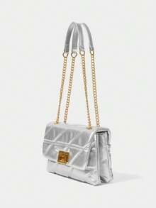 女士时尚百搭纯色经典单肩包，情人节礼物，优雅女士包包，女士高贵奢华包款 - 銀色 - 查看 2