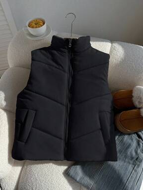 SHEIN Damblå täckväst, vinterjacka med ståkrage och dragkedja, oregelbunden gradient, kort bomullsvadd, trendig och mångsidig, passar med byxor, mjukisbyxor, jumpsuit, tröja, hoodie