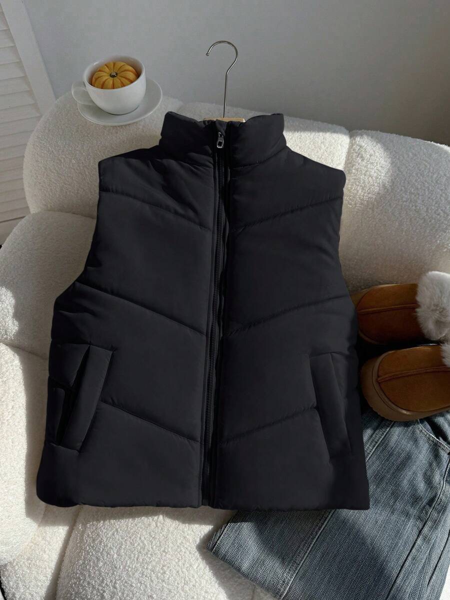 SHEIN 女士蓝绿色羽绒背心，冬季立领拉链不规则渐变短款棉质羽绒服，时尚百搭，可搭配裤子、运动裤、连体裤、卫衣、连帽衫 - 黑色 - 查看 1