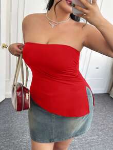 CovetEZ Plus Size Black Pleated Slit Strapless Knit Stretch Top - Red - View 5