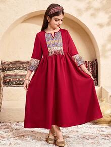 SHEIN Áo Jalabiya hoa cho bé gái tuổi teen, Áo Jalabiya thêu hoa cổ điển thanh lịch, Áo đầm dài tay truyền thống tối giản kiểu Ả Rập cho bé gái tuổi teen, phù hợp cho mùa xuân/hè, Áo đầm dài tay kín đáo thanh lịch, Áo Abaya cầu nguyện, Thoải mái dễ chịu, Trang phục thường ngày, Phong cách nghỉ dưỡng, Áo Kaftan kín đáo, Áo Jalabiya cho bé gái tuổi teen, Áo Jalabiya cho bé gái, Áo đầm đỏ. - Màu Đỏ Sâu - Xem 6