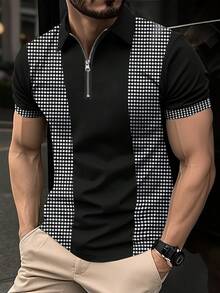 Manfinity Mode 男士休闲菱形拼接短袖Polo衫，夏季黑白男士衬衫拉链Polo衫，男士拉链衬衫，男士高尔夫球衫 - 黑色 - 查看 3