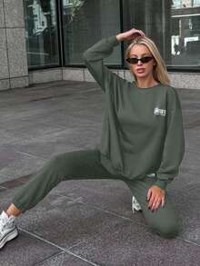 EURMUSE Cotton Women's Casual Letter Pattern Drop Shoulder Sweatshirt And Sweatpants Set - Army Green - View 5