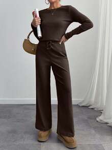 EURMUSE Women 2 Piece Casual Long Sleeve Top And Pants Set - Brown - View 7
