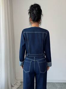 Elenzga 女士休闲水洗牛仔外套，秋季 - 深色水洗藍 - 查看 4