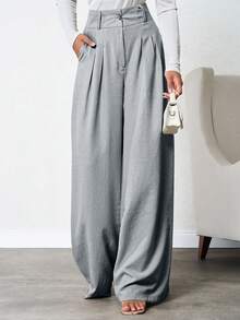 SHEIN Tall 女款純色深褶皺亞麻長褲，適合高個女性 - 灰色 - 查看 5