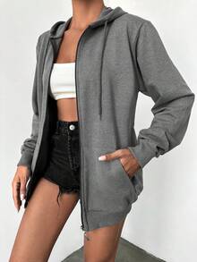 EURMUSE 1pc Casual Solid Color Zip Up Drawstring Hoodie, Autumn/Winter - Light Grey - View 3