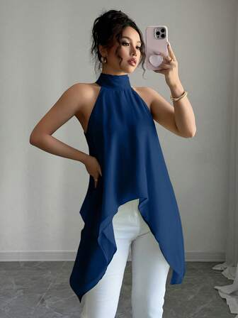 Rafferiza Camisa casual sin mangas de cuello halter de color verde claro para mujer, de verano