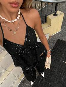 Siren Gaze Top de fiesta con volantes, escote halter, espalda descubierta y parches con lentejuelas, versátil y de moda - Negro - Ver 1