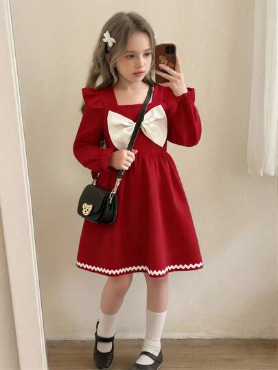 Elladie kids 女童可爱时尚日常方领短裙，短袖收腰设计，饰有3D蝴蝶结和荷叶边下摆，黑白撞色，适合所有季节