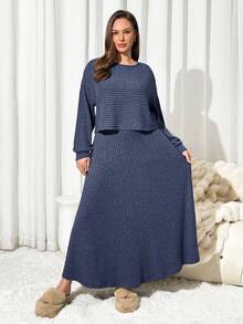 Auralis Setelan Rok Dua Potong Rajut Rib Warna Biru Tua Ukuran Plus yang Stylish, Atasan Lengan Panjang Raglan dengan Leher Bulat dan Bagian Atas Sepanjang Pergelangan Tangan, Pakaian Kasual - Navy Blue - View 5