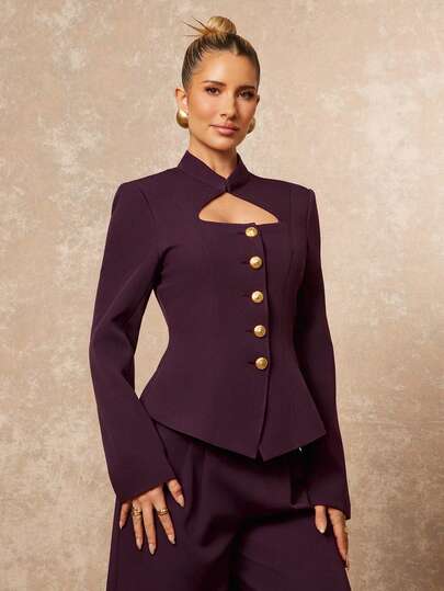 Lumalex Winter Fall Early Spring NecklineInFocus Stand Collar Hollow Out Waist Cinched Metal Button Straight Long Sleeve Women Blazer Luxury NewYearNewLook QuietLuxe Prom Gathering Party Banquet Modest Old Money Coquette Glitter Holiday Party Rave Festival Outing Vacation Hot Outdoor Richly Layered Wedding Season Banquet Christmas New Year Looks Of Party Gala Night Party Dress For Autumn Early Spring