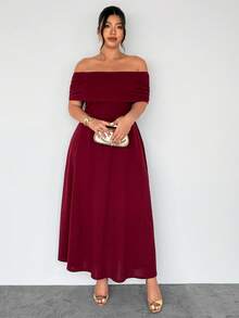 Firerie Plus Size Women's Elegant Minimalist Chic Romantic Fashion Sexy Vacation & Work Occasion Off Shoulder High Waist A-Line Maxi Dress, Spring/Summer Plus Size Dresses Burgundy Sexy Plus Size Dress Off Shoulder Dress Curve Off The Shoulder Plus Size Dress - Burgundy - View 7