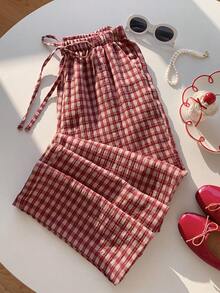 Comfortcana Women's Casual Everyday Plaid Drawstring Waist Pants  Clothes   Summer  Spring Valentine's Day Valentine Clothes  Carnival  Going Out  Outfits For Women Plaid Loungewear Pants Cottagecore Pants Women Red Plaid Trousers Summer Plaid Pants Red Gingham Pants - Red - View 3