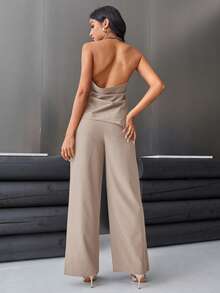 Aveloria Modichic Bộ đồ nữ màu trơn gồm áo hai mảnh hở lưng cổ yếm và quần ống rộng, kiểu dáng thanh lịch, phù hợp cho công sở. - Màu be - Xem 2