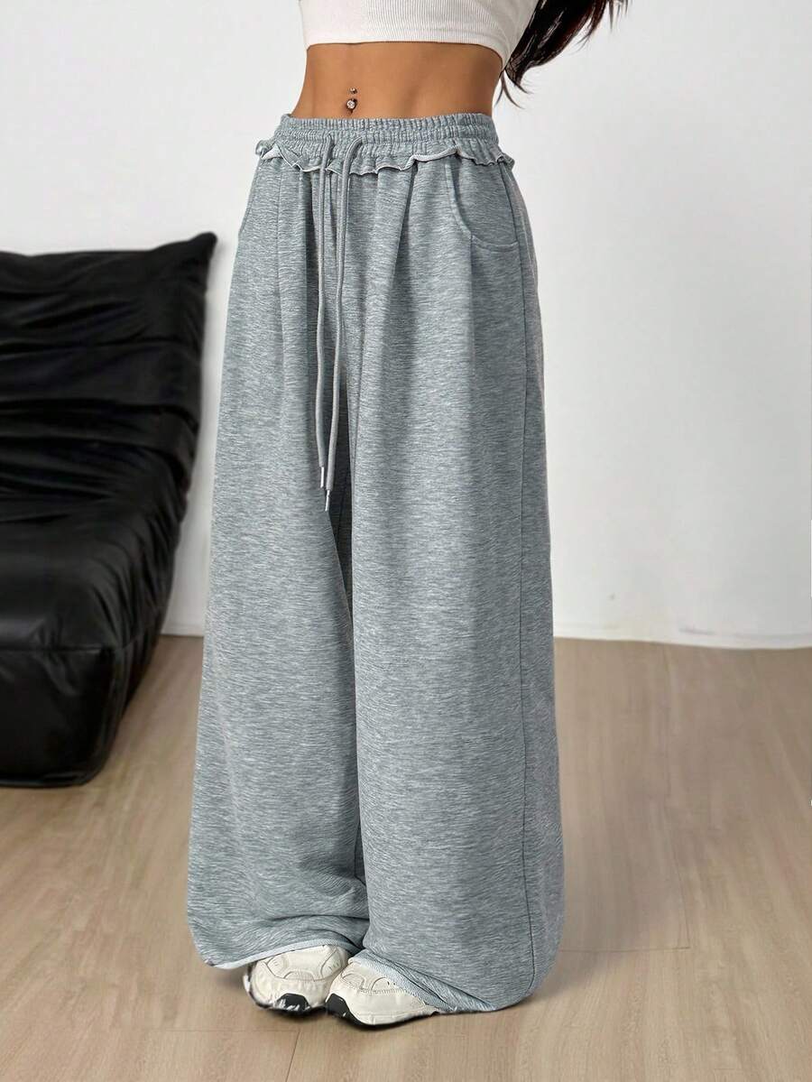 SHEIN PETITE 女士夏季街头服饰外出休闲运动基本款法式灰色松紧腰带直筒宽松裤 - 灰色 - 查看 1