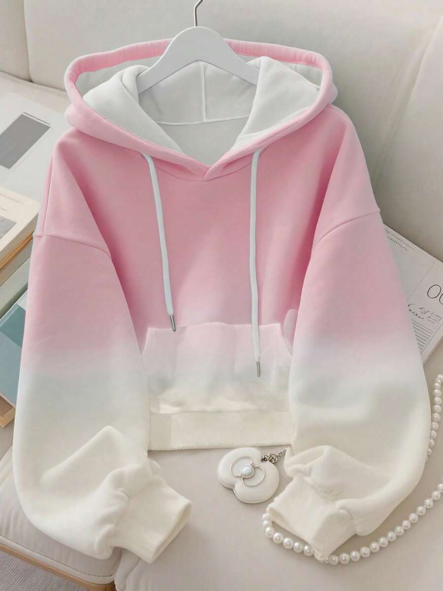 Resyla Pink Ombre Digital Print Fashionable Minimalist Women Sweatshirt, Autumn/Winter, Gift For Friends - White - View 1