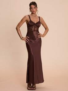 SHEIN BAE Spring/Summer Solid Brown Lace-Trimmed Satin Fishtail Elegant Women's Dress,,Brown Dress,Elegant Dresses,Birthday Dress ,Wedding Guest Dress,Valentine's Day,Summer Dress - Brown - View 5