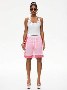 SHEIN EZwear 女士休闲运动风抽绳腰字母印花撞色宽松短裤 - 粉色 - 查看 2