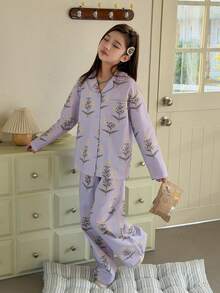 DAZY Tween Girl Floral Print Long Sleeve Button-Up Pocket Top And Pants Pajama Set Spring - Purple - View 6