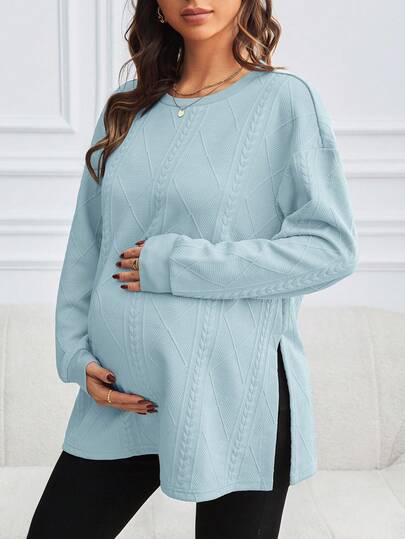 SHEIN Sudadera de maternidad de otoño de unicolor simple con textura y dobladillo dividido