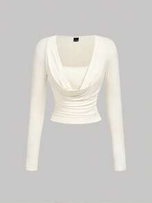 SHEIN MOD 女士纯色圆领长袖时尚百搭T恤 - 彩色 - 查看 5