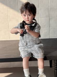 DAZY 2件套男婴韩版格子短袖休闲T恤短裤套装 夏季 - 杏色 - 查看 3