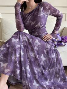 Feyla Vestido Elegante Feminino com Estampa de Borboleta