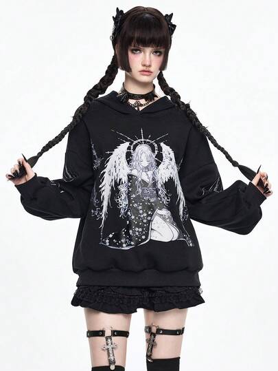 Grunge Punk Oversized Hoodie im dunklen Punk-Stil mit Dornen-Engel-Mädchen-Aufdruck für Frauen