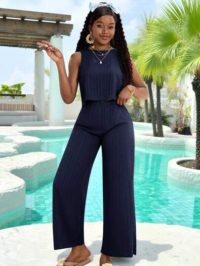 SHEIN Teen Girls 2 Pieces Set: Solid Color Sleeveless Crop Top And Loose Solid Color Wide Leg Pants Casual Two Piece Set Teen Outfit Wide Leg Jumpsuit